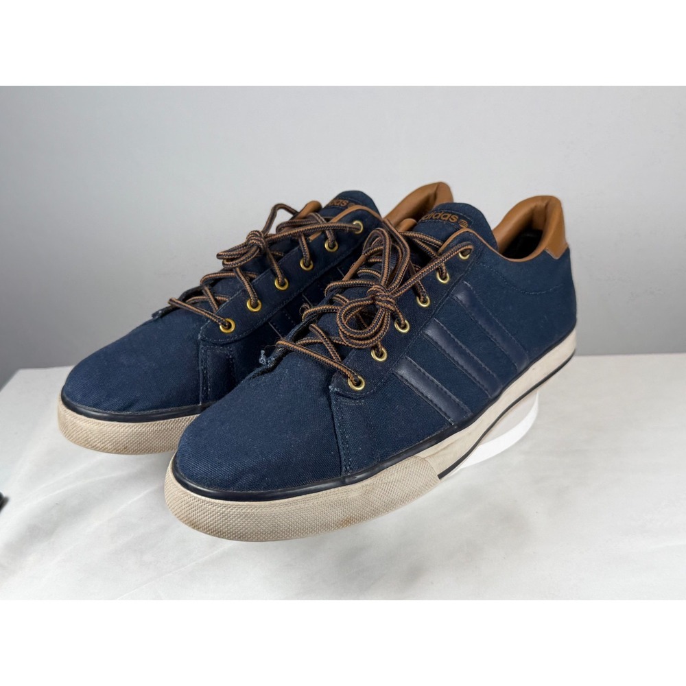Adidas Neo Label Navy Canvas Sneakers Brown Leather Trim Mens US 14 - Picture 3 of 12